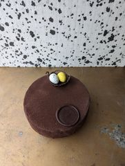 Foto van een ijstaart met donkere cacaboter spray rond om en eitjes en logo erop